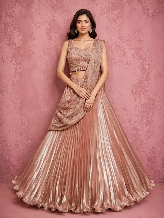 Rose gold pleated cape lehenga