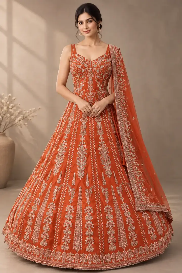 Rust orange embroidered bridal lehenga from the Megha Fashion new collection