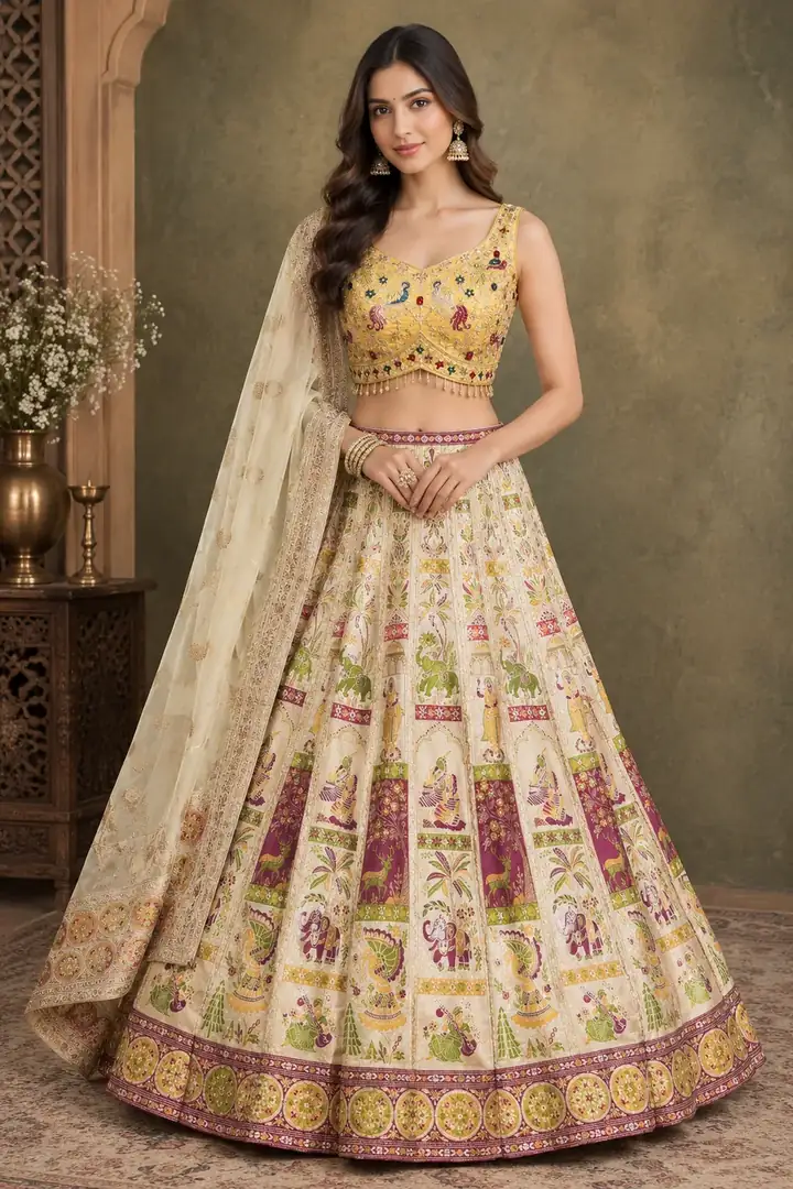 Ivory folk art print lehenga with mustard embroidered blouse and dupatta