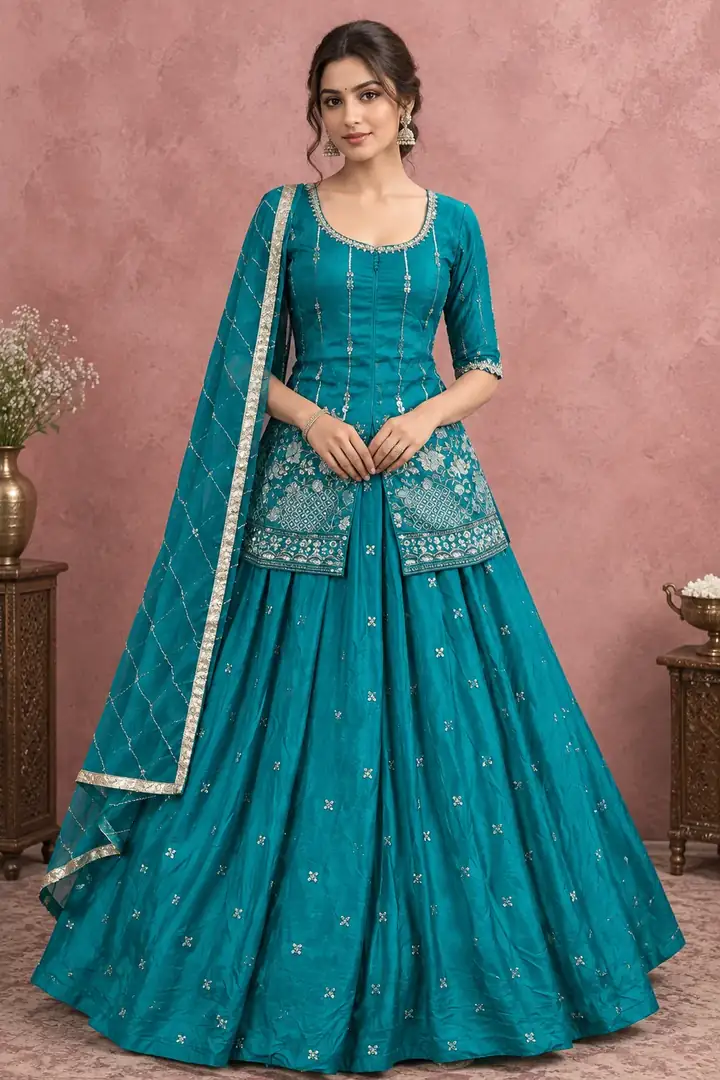 Teal peplum top lehenga set from the Megha Fashion new collection