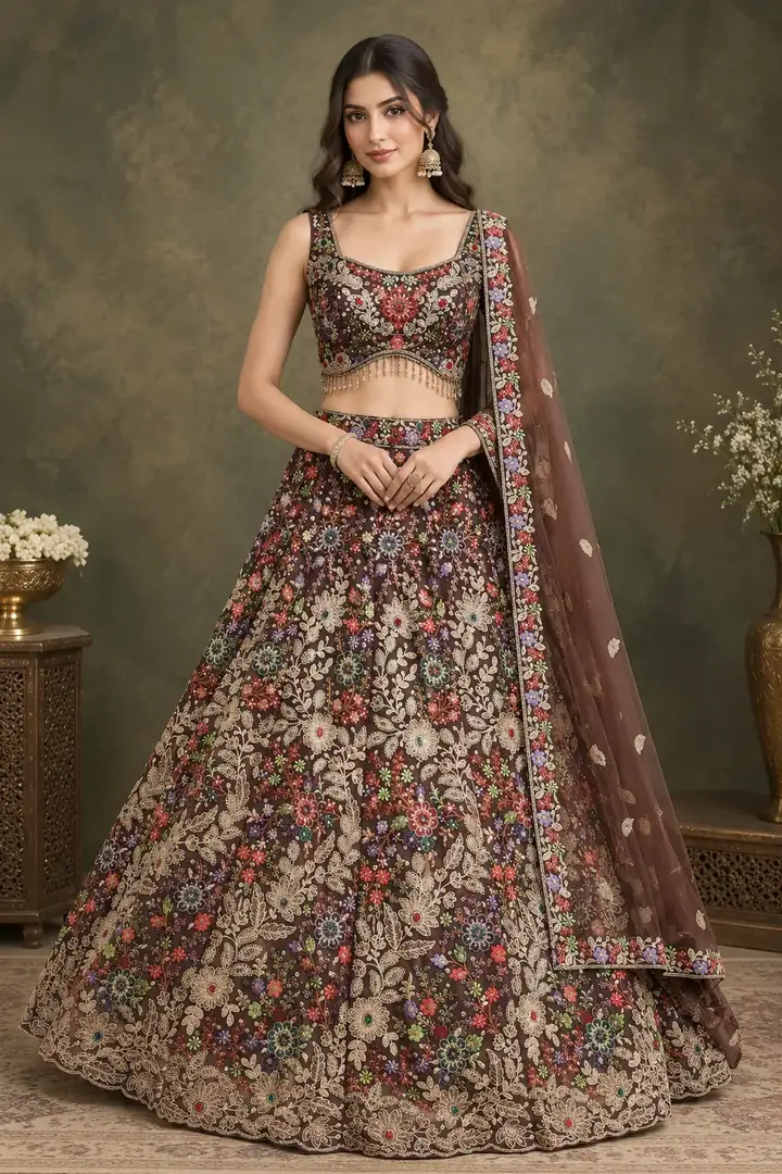 Brown lehenga with multicolor floral embroidery from the Megha Fashion new collection