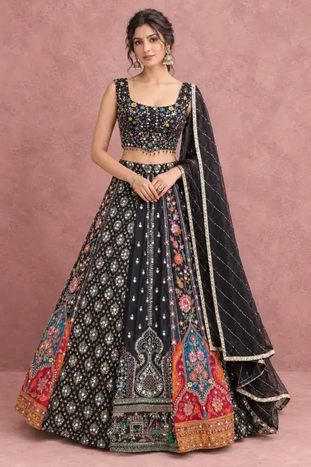 Black mirror work lehenga with colorful embroidered panels