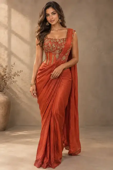 Rust orange saree with embroidered corset blouse