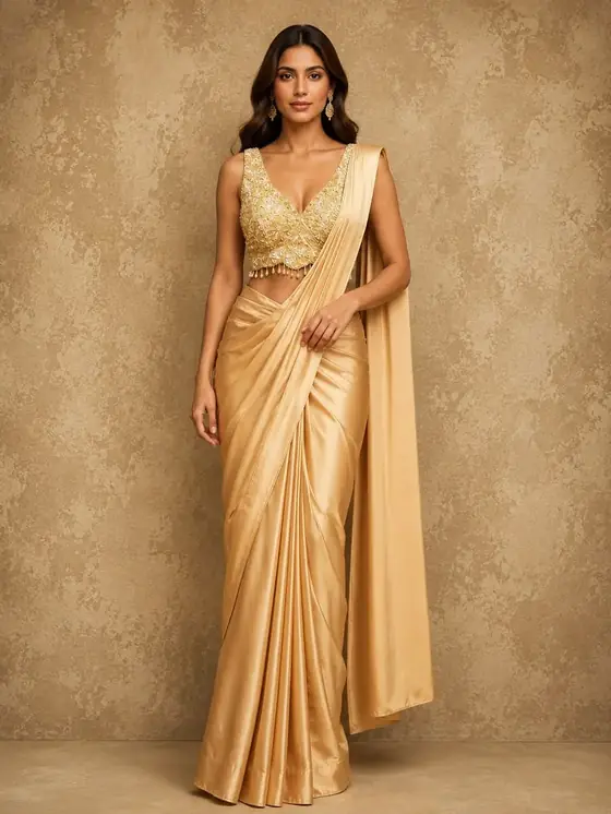 Gold satin drape saree